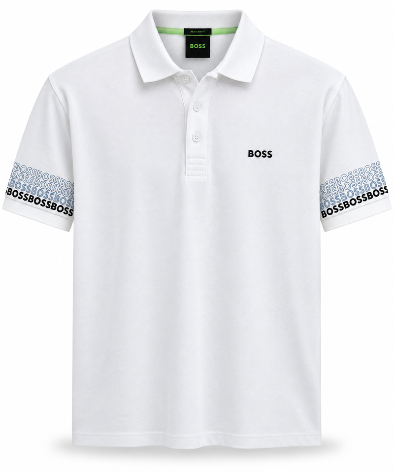 Polo Boss branca Letreiro Manga
