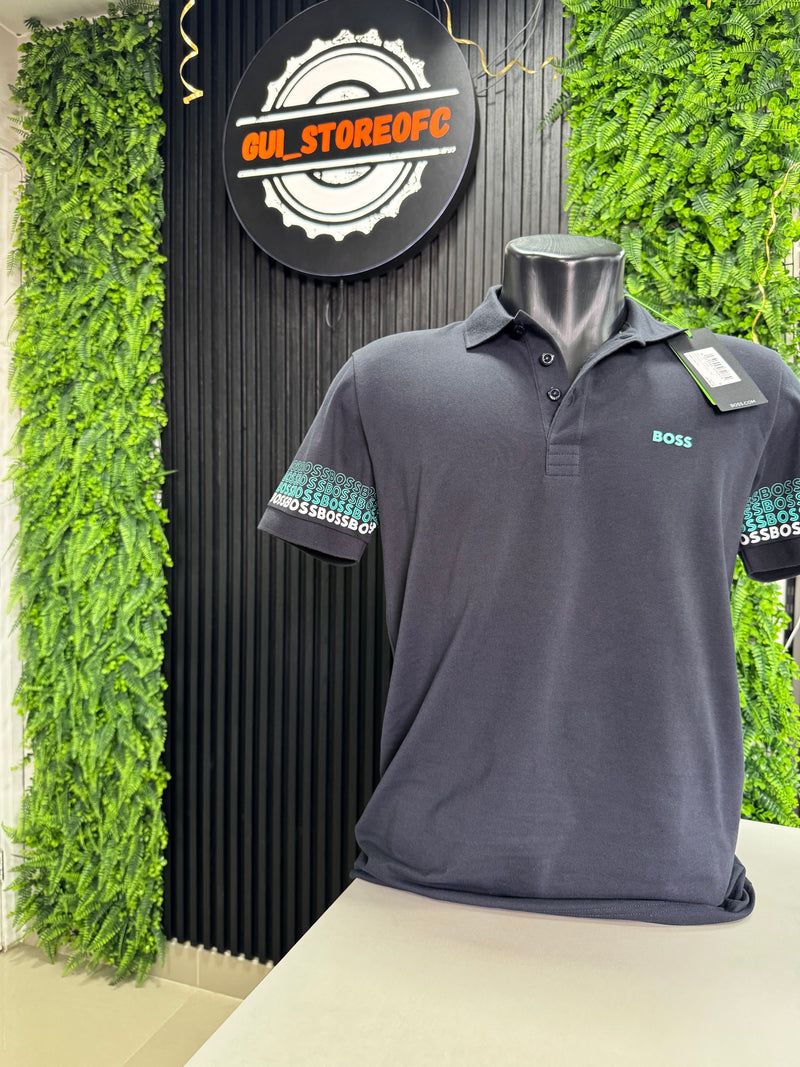 Polo Boss Letreiro Manga Azul