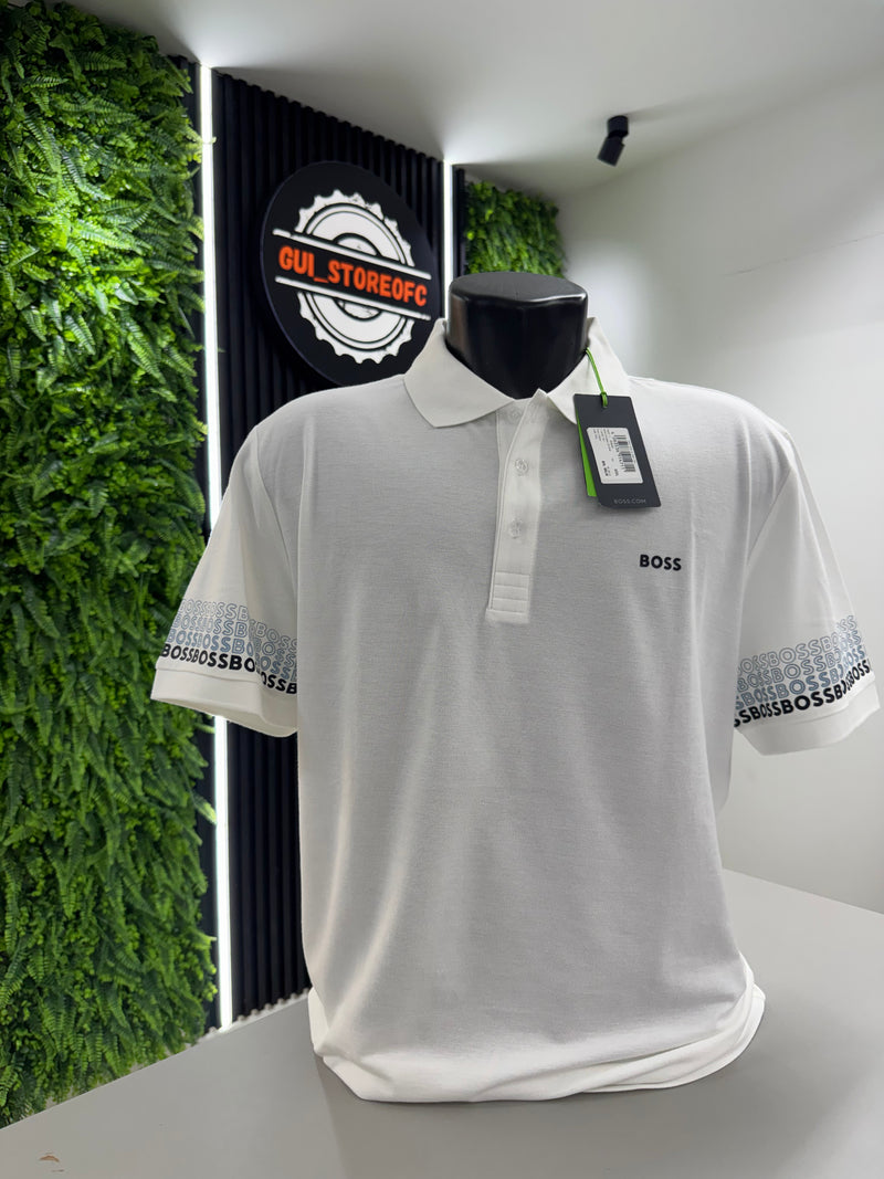 Polo Boss branca Letreiro Manga