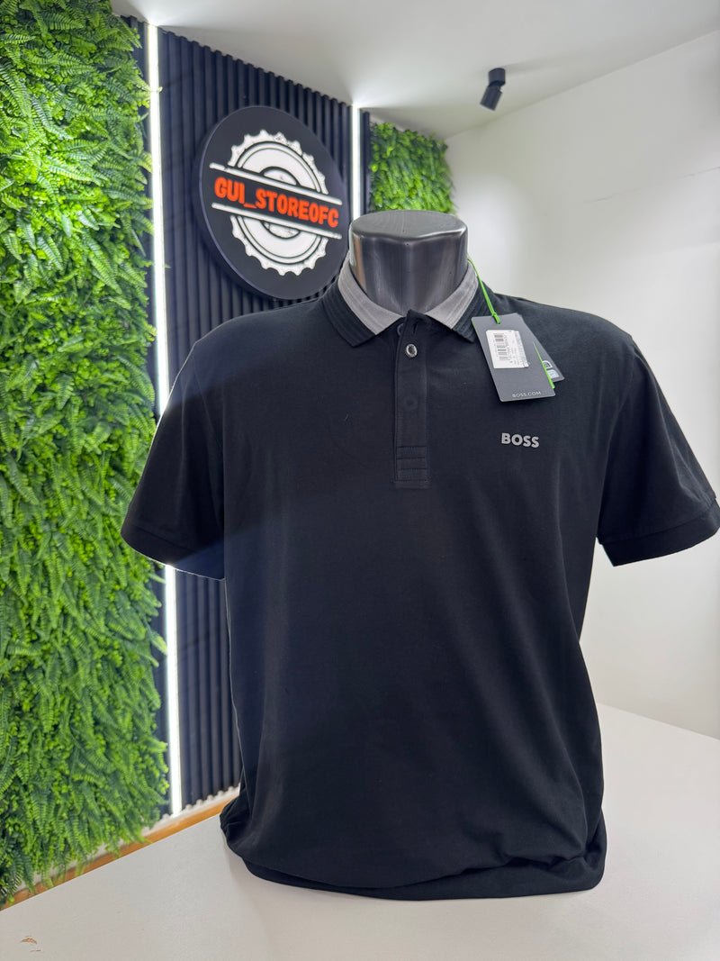Polo boss Preta com logo Cinza