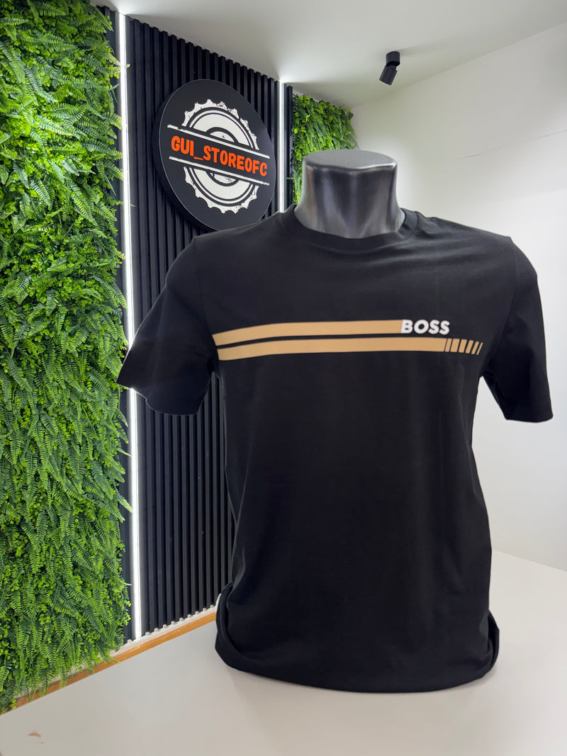 T-shirt Boss Preta com listra amarela
